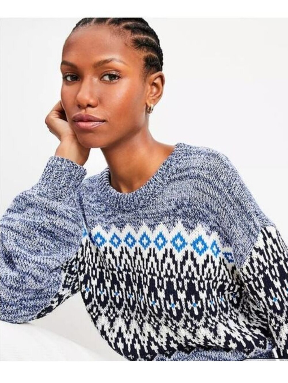 LOFT Women's L Blue Fair Isle Knit Crewneck Pullover Sweater Raglan Sleeve